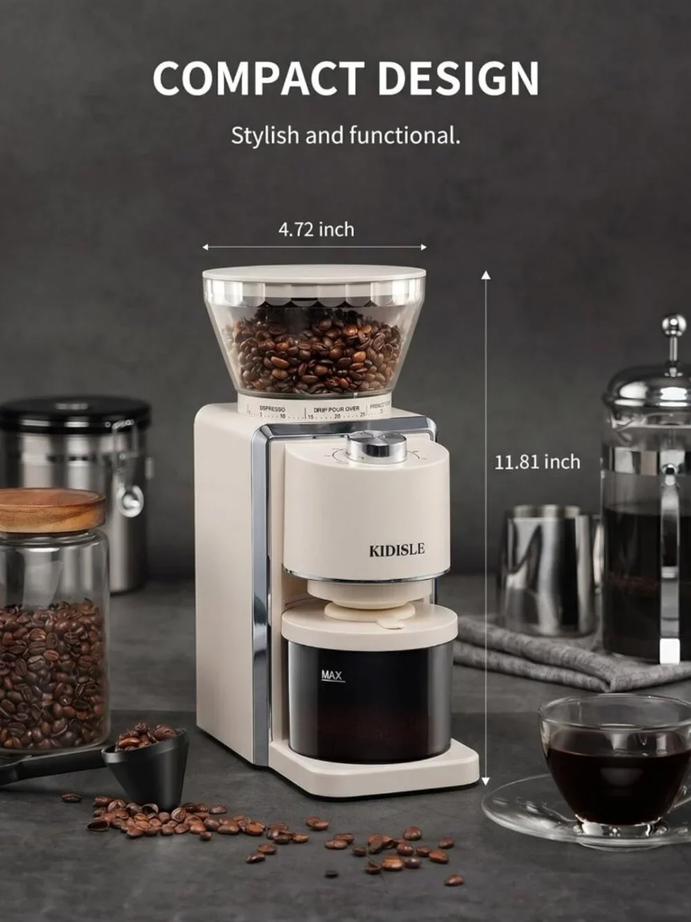 Electric Conical Burr Coffee Grinder, 35 Settings, Anti-Static, Home Use, Beige
